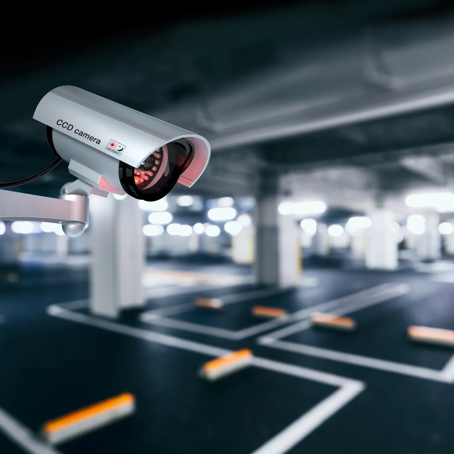 Silberne Basi Kamera Attrappe KA 300 mit LED-Licht zur Videoüberwachung im Parkhaus.